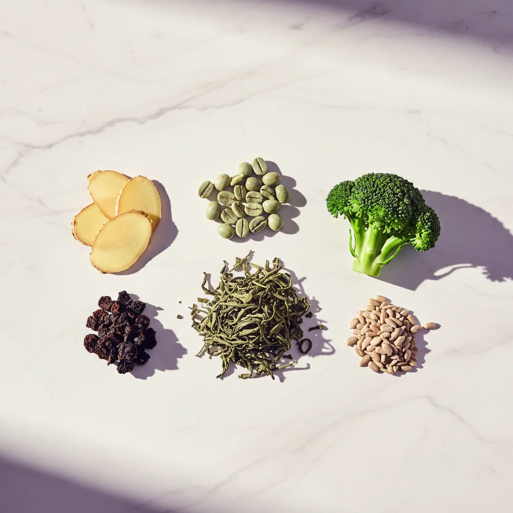 Overhead flat-lay of green coffee beans, green tea leaves, ginger root, garcinia cambogia and botanical ingredients