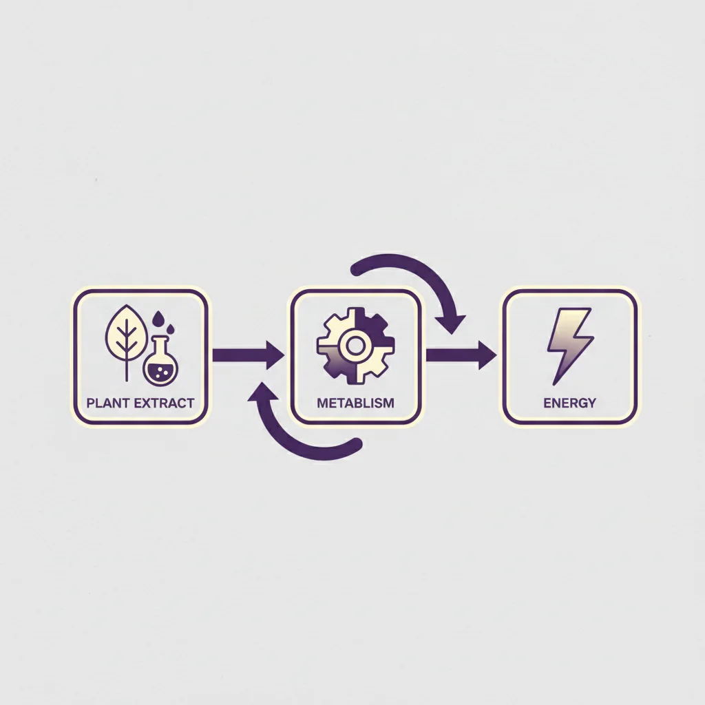 Abstract three-step metabolic cycle diagram: plant extract icon, metabolism gear icon, energy bolt icon