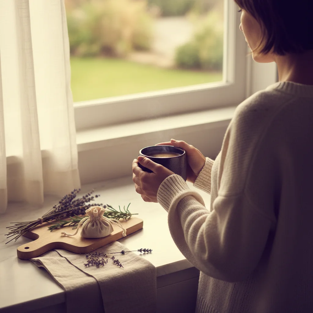 Hands holding a warm mug near a sunlit kitchen windowsill with botanicals and sachet